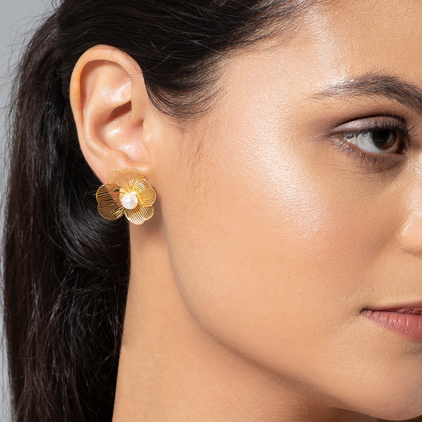 Maasha Flower Stud Earrings for Women, Pearl Blossom Design, Golden-tone with Faux Pearl