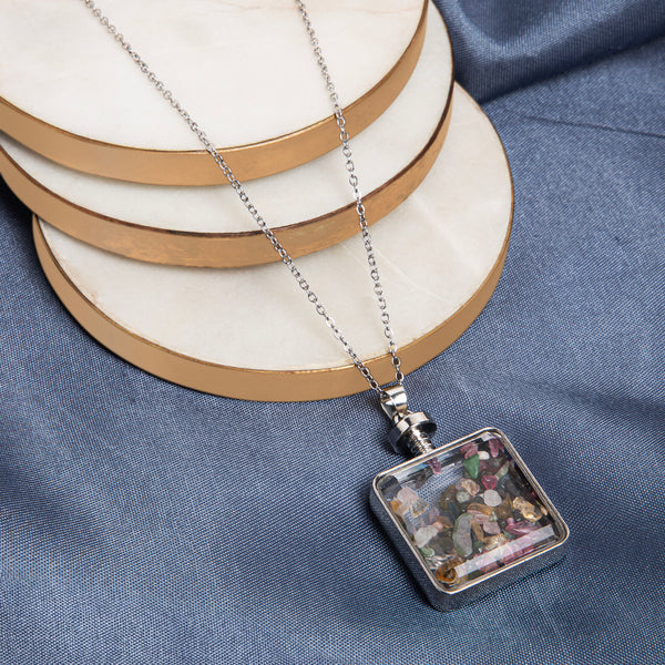 Maasha Square Pendant Necklace for Women, Silver-Tone Jewellery with Multicolor Mosaic Design
