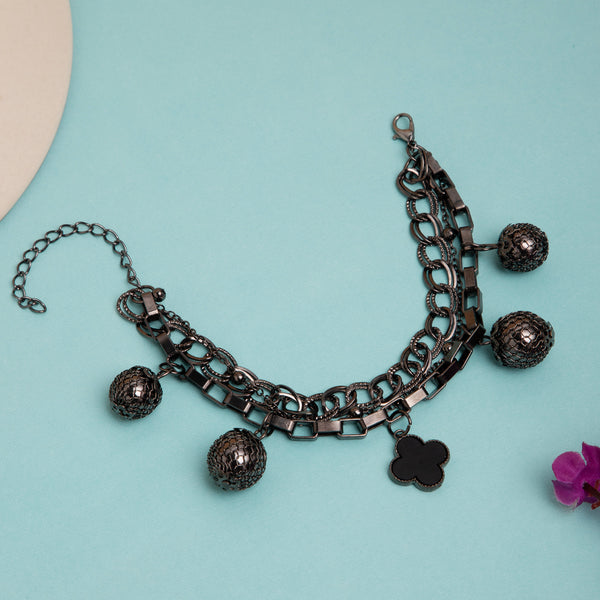 Maasha Statement Charm Bracelet for Women, Black Metal Chains with Hanging Beads