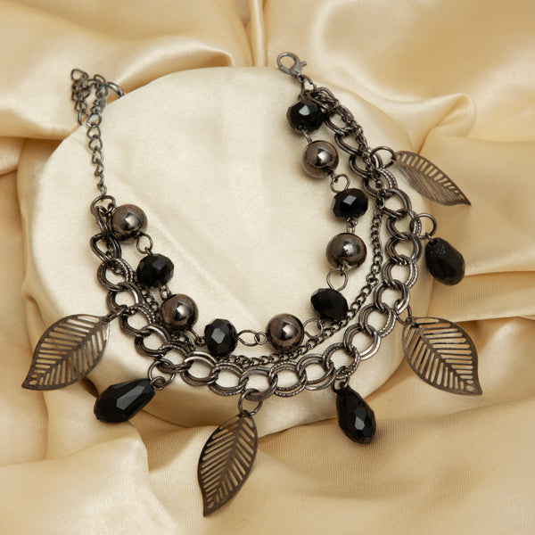 Maasha Layered Bracelet for Women, Black Chain Design with Charms & Leaf Accents, Stylish Jewellery for Events