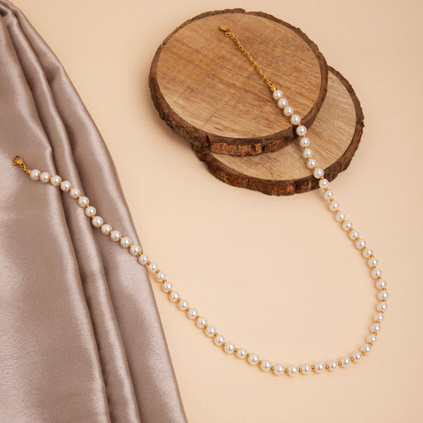 Maasha Classic Pearl Necklace for Women, White Beads with Gold-Tone Accents