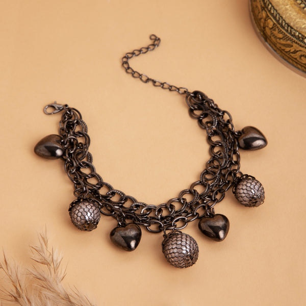 Maasha Bracelet for Women, Multi-Layered Chain with Dangle Hearts & Metal Beads, Elegant Jewellery