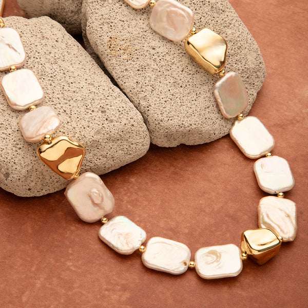 Maasha Modern Necklace for Women, Iridescent Pearl Beads & Gold Accents