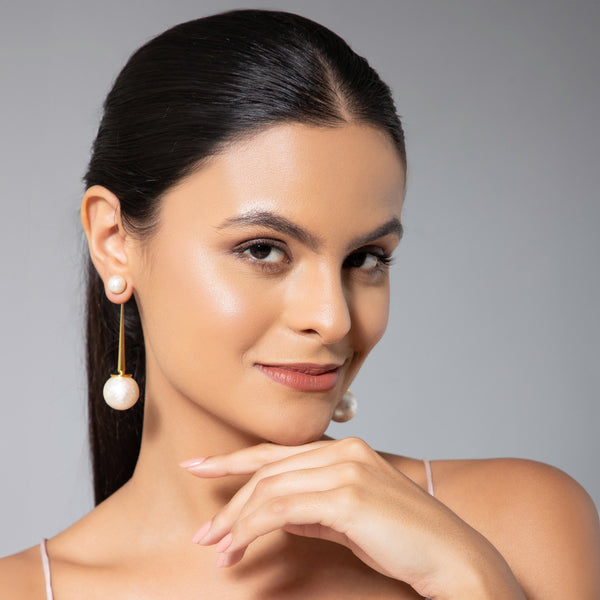 Maasha Pearl Drop Earrings, Minimalist Jewellery For Women, Golden with Frosted Pearl White