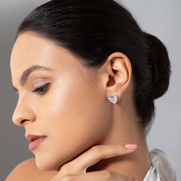 Maasha Stud Earrings for Women, Heart Crystal Design, Silver-Tone