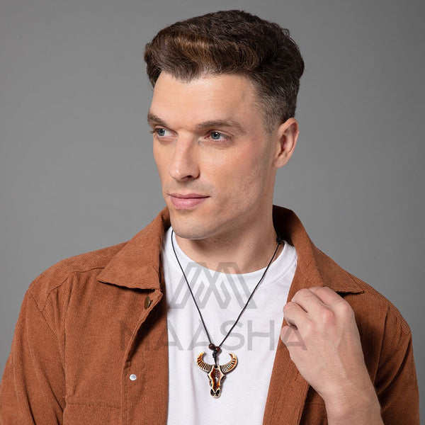 Maasha Adjustable Necklace for Men, Bull Skull Totem Pendant, Symbol of Resilience