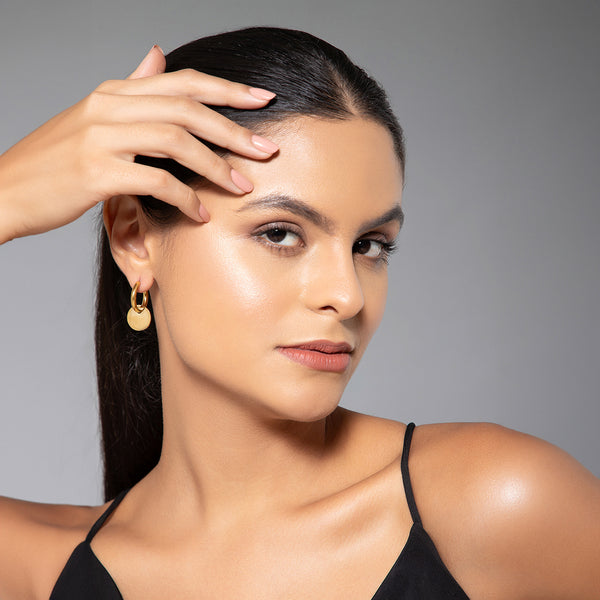 Maasha Hoop Earrings for Women, Circular-Disc Design, Stainless Steel, Golden-tone