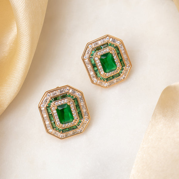 Maasha Emerald Green Stud Earrings for Women, Gold-Tone Crystal Statement Jewellery